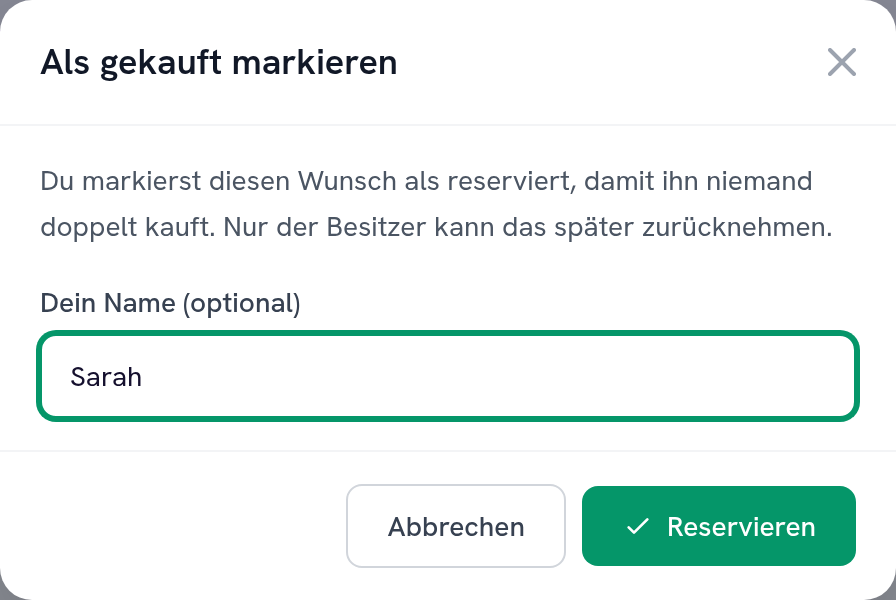 Mark as bought — with a name, no sign-up needed